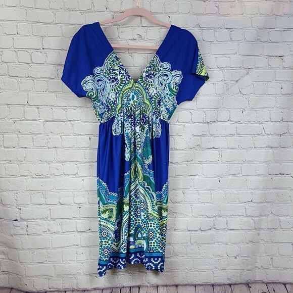 Maurices Vibrant Blue Paisley Print Double V Dolman Sleeve Swim Cover-up Dress - Picture 11 of 12